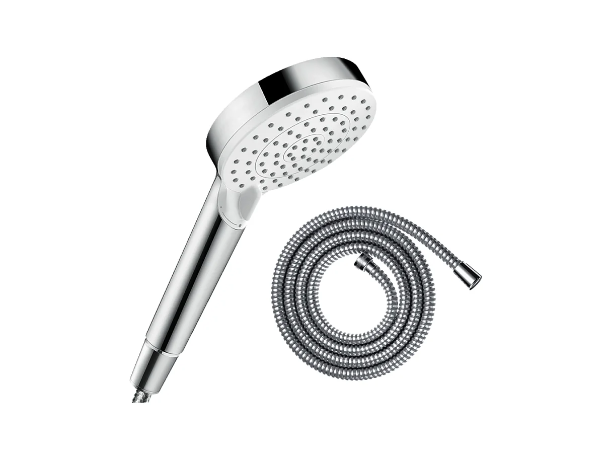 Pommeau de douche HANSGROHE Crometta EcoSmart 2 jets blanc/chromé + flexible de douche 1,25 m HANSGROHE Metaflex chromé