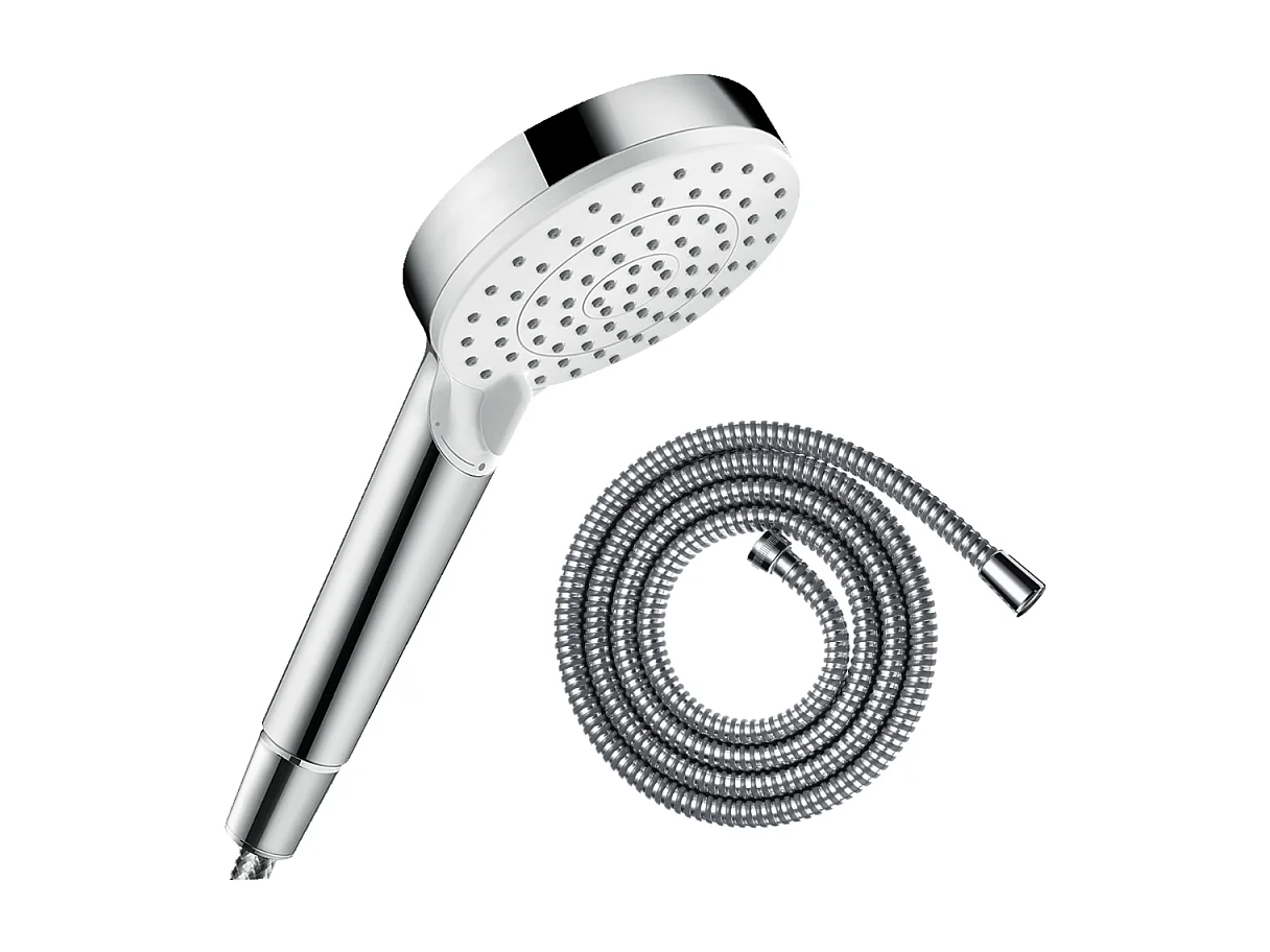 Pommeau de douche HANSGROHE Crometta EcoSmart 2 jets blanc/chromé + flexible de douche 1,25 m HANSGROHE Metaflex chromé