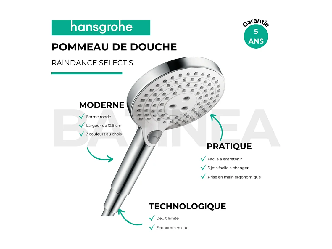 Pommeau de douche HANSGROHE Raindance Select S EcoSmart 120 3 jets blanc/chromé + flexible HANSGROHE Designflex 200 cm chromé