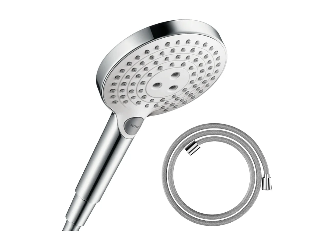 Pommeau de douche HANSGROHE Raindance Select S EcoSmart 120 3 jets blanc/chromé + flexible HANSGROHE Designflex 200 cm chromé