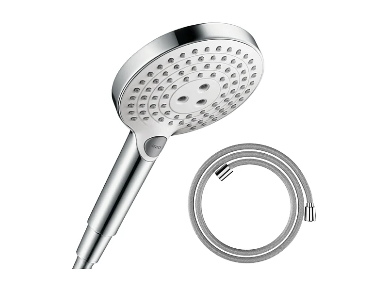 Pommeau de douche HANSGROHE Raindance Select S EcoSmart 120 3 jets blanc/chromé + flexible HANSGROHE Designflex 200 cm chromé