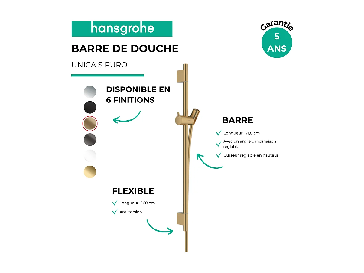 Barre de douche HANSGROHE Unica S Puro 65 cm avec flexible Bronze brossé