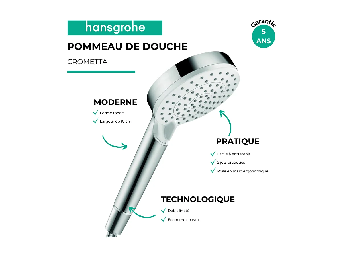 Pommeau de douche HANSGROHE Crometta EcoSmart 2 jets blanc/chromé + flexible de douche HANSGROHE Designflex 160 cm chromé