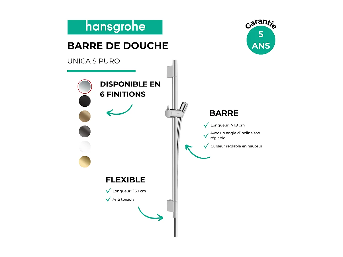Barre de douche HANSGROHE Unica S Puro 65 cm avec flexible Chromé