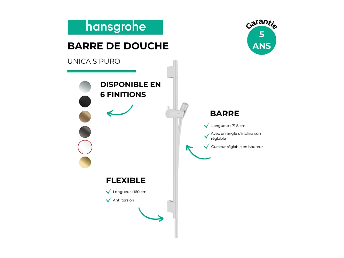 Barre de douche HANSGROHE Unica S Puro 65 cm avec flexible Blanc mat