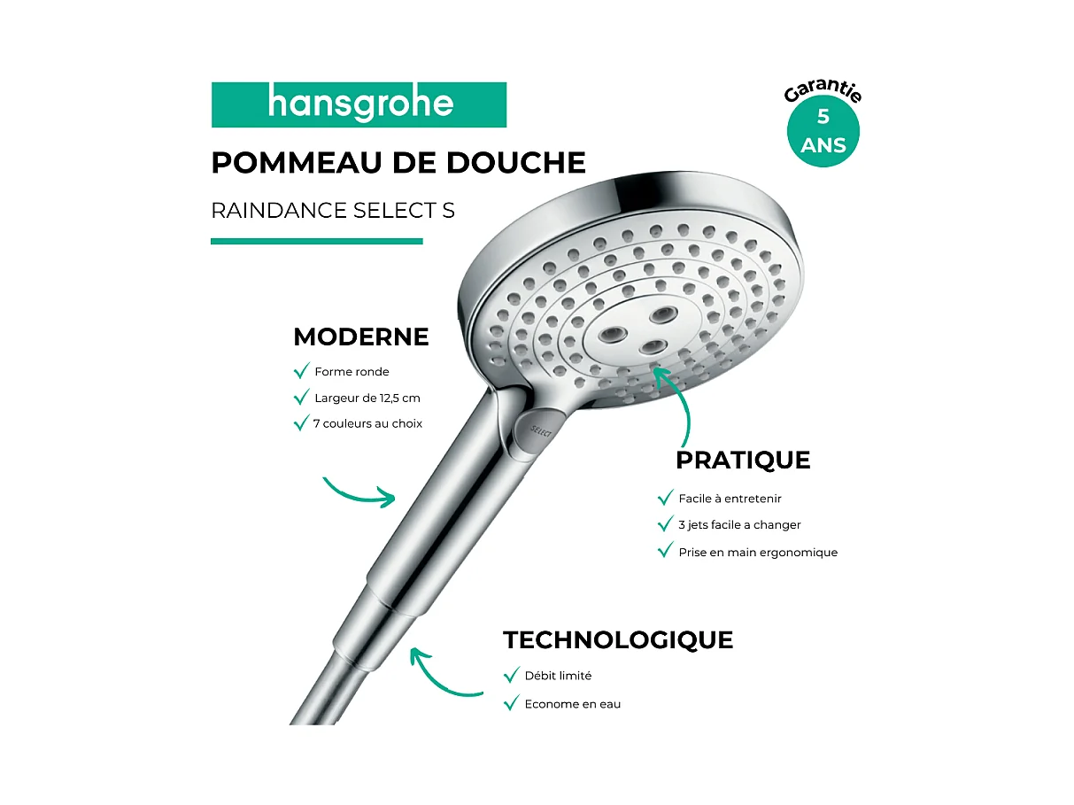 Pommeau de douche HANSGROHE Raindance Select S EcoSmart 120 3 jets chromé + flexible de douche HANSGROHE Designflex 200 cm chromé
