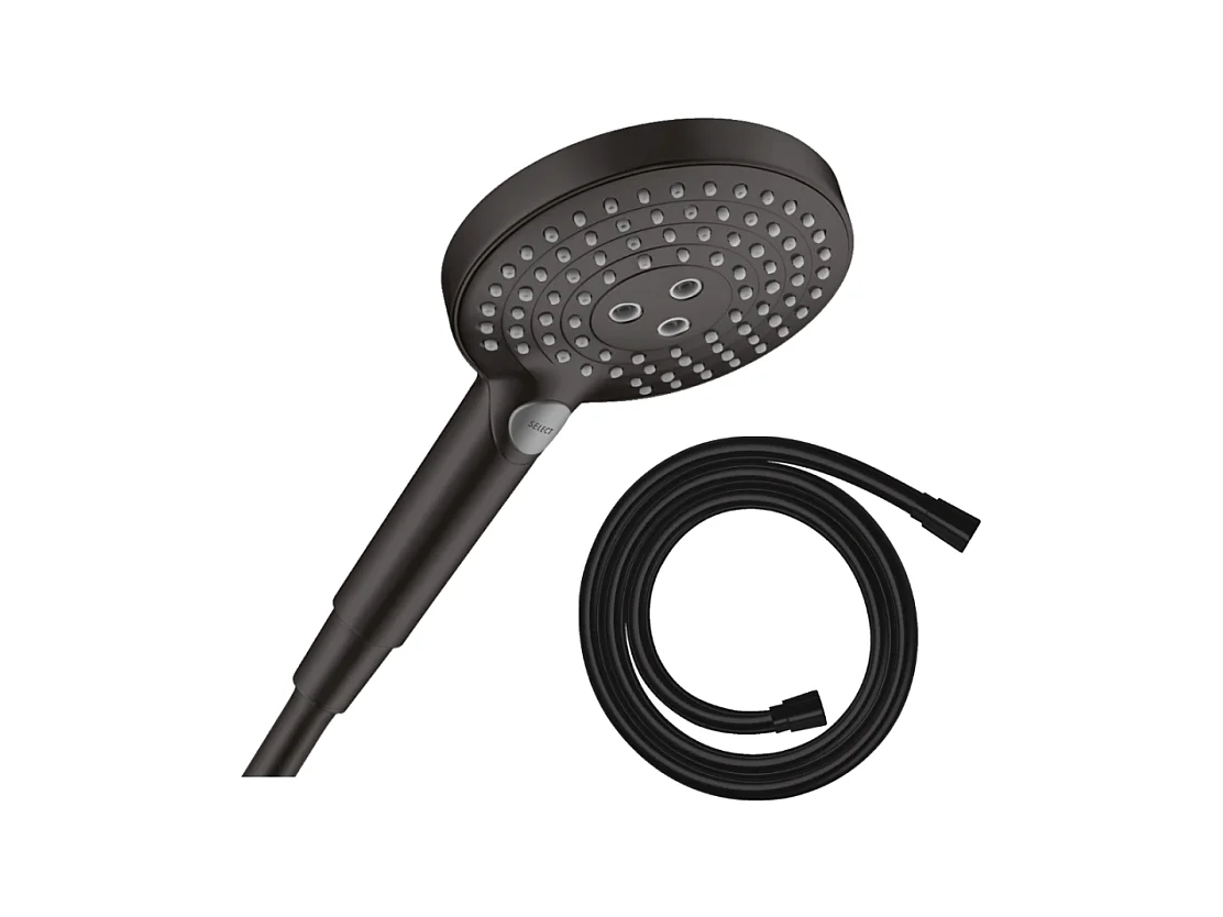 Pommeau de douche HANSGROHE Raindance Select S EcoSmart 120 3 jets noir mat + flexible de douche 1,60 m HANSGROHE Isiflex noir mat