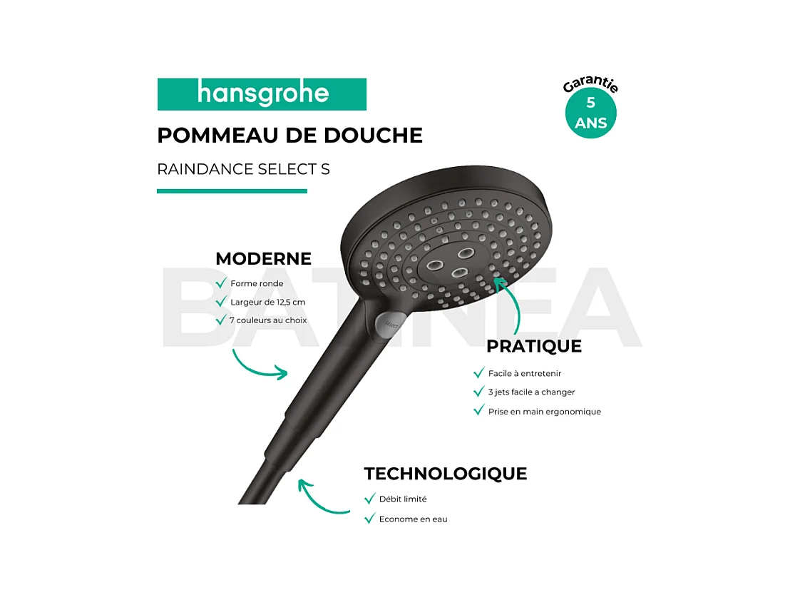 Pommeau de douche HANSGROHE Raindance Select S EcoSmart 120 3 jets noir mat + flexible de douche 1,60 m HANSGROHE Isiflex noir mat