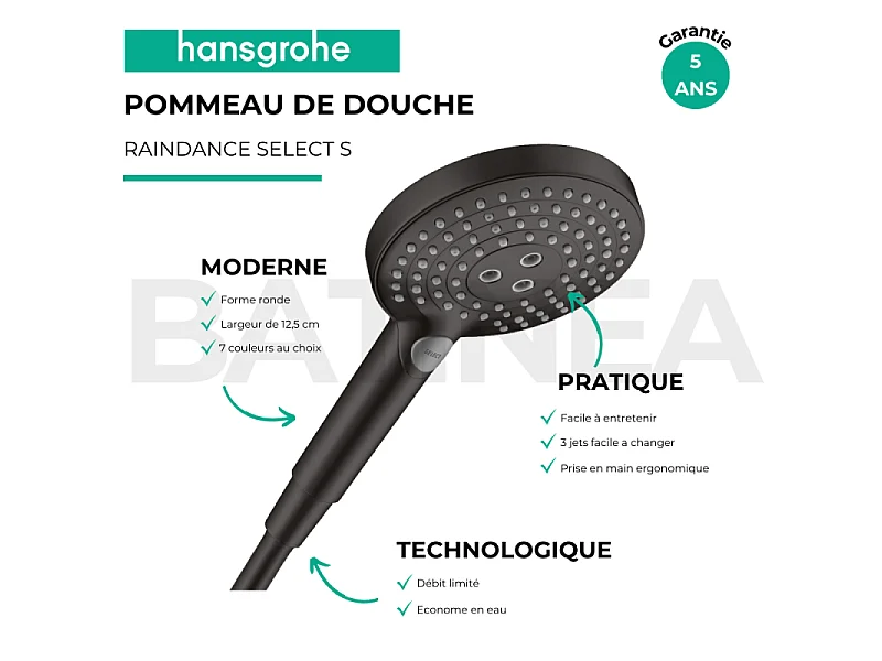 Pommeau de douche HANSGROHE Raindance Select S EcoSmart 120 3 jets noir mat + flexible de douche 1,60 m HANSGROHE Isiflex noir mat