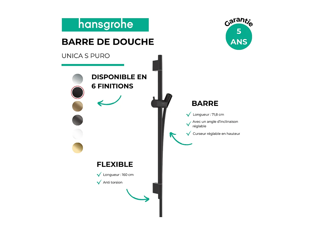 Barre de douche HANSGROHE Unica S Puro 65 cm avec flexible Noir mat