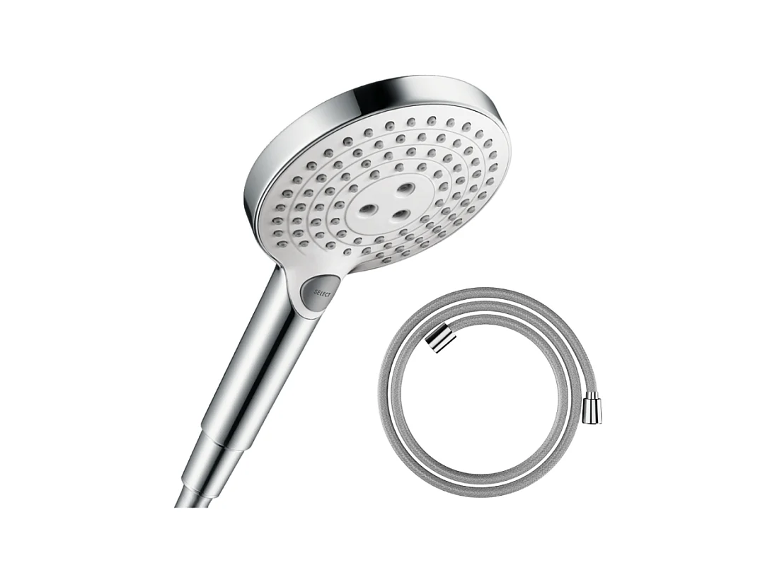 Pommeau de douche HANSGROHE Raindance Select S EcoSmart 120 3 jets blanc/chromé + flexible  HANSGROHE Designflex 125 cm chromé