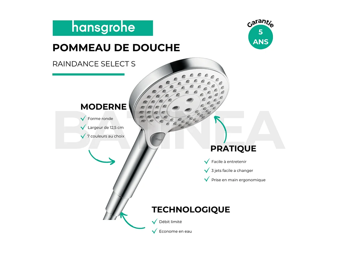 Pommeau de douche HANSGROHE Raindance Select S EcoSmart 120 3 jets blanc/chromé + flexible  HANSGROHE Designflex 125 cm chromé
