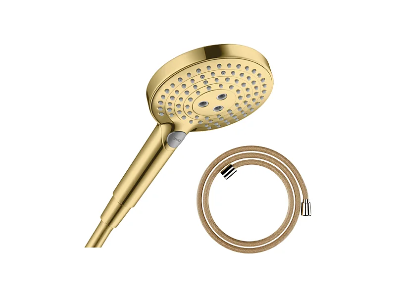 Pommeau de douche HANSGROHE Raindance Select S EcoSmart 120 3 jets + flexible HANSGROHE Designflex 160 cm doré poli