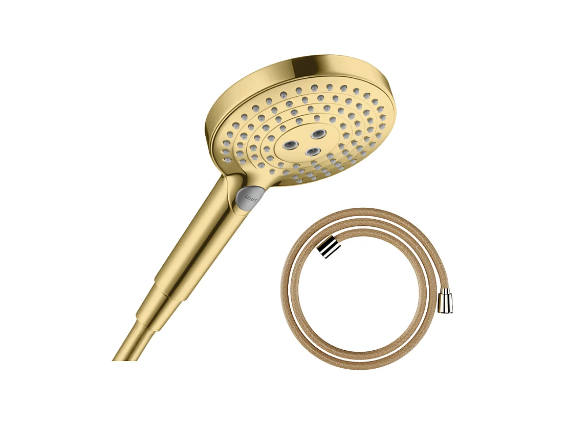 Pommeau de douche HANSGROHE Raindance Select S EcoSmart 120 3 jets + flexible HANSGROHE Designflex 160 cm doré poli