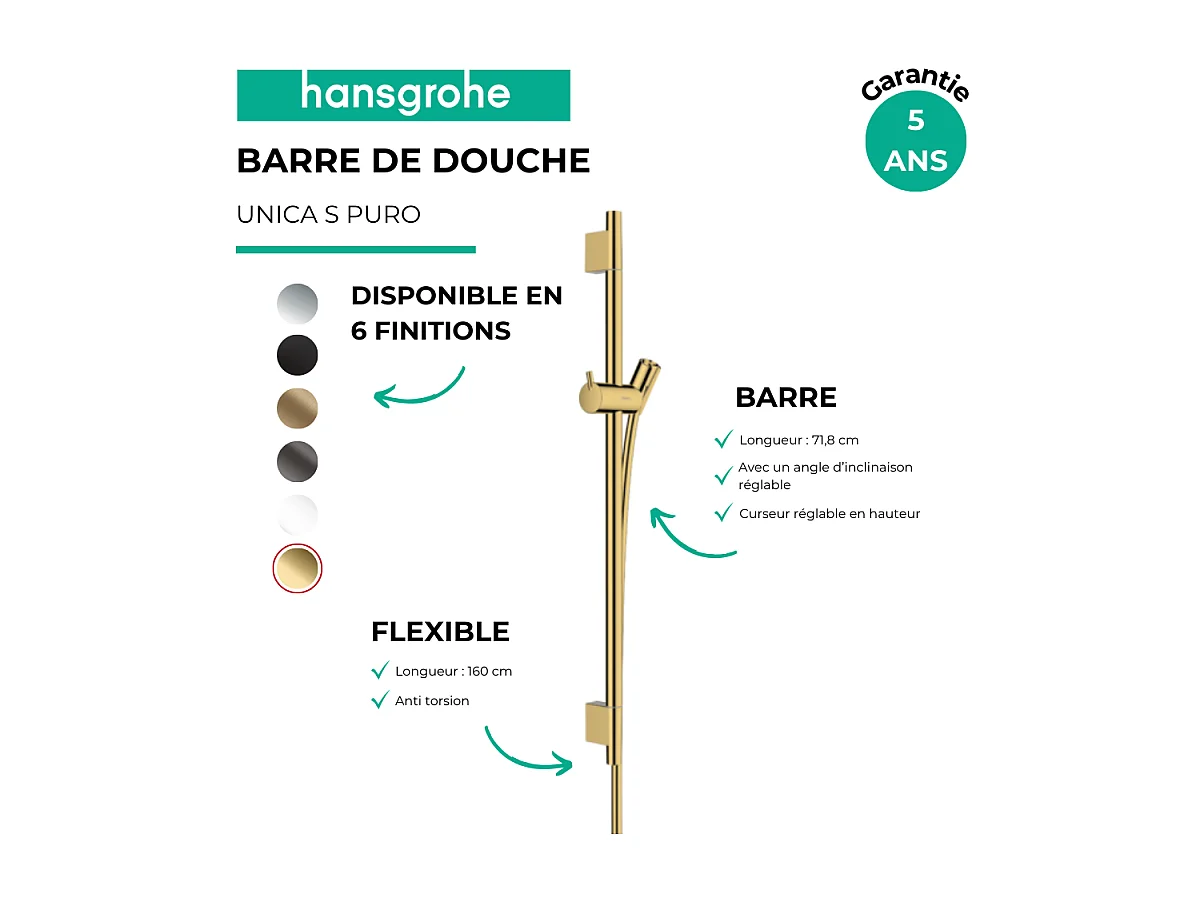 Barre de douche HANSGROHE Unica S Puro 65 cm avec flexible Aspect doré poli