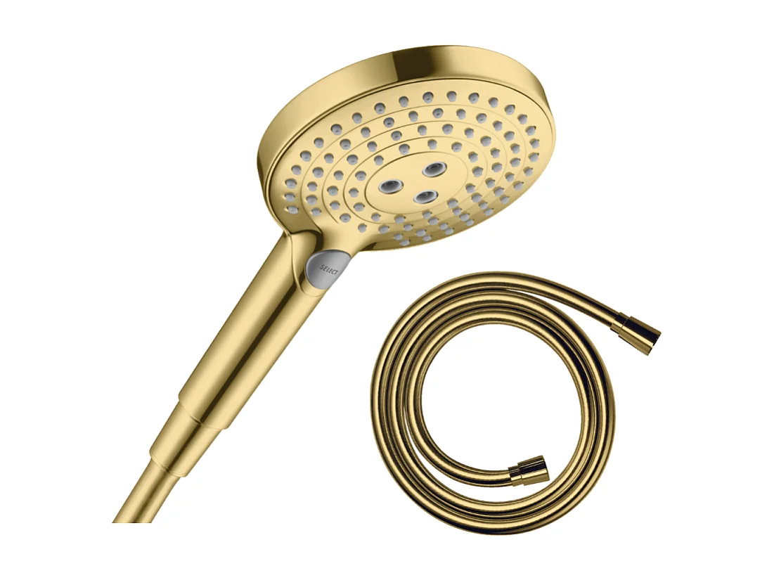 Pommeau de douche HANSGROHE Raindance Select S EcoSmart 120 3 jets + flexible 1,25 m HANSGROHE Isiflex aspect doré poli