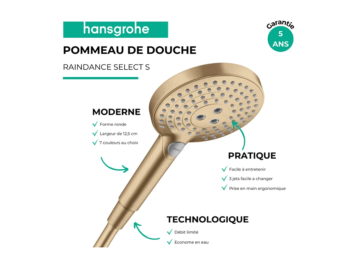 Pommeau de douche HANSGROHE Raindance Select S EcoSmart 120 3 jets + flexible 1,25 m HANSGROHE Isiflex aspect doré poli