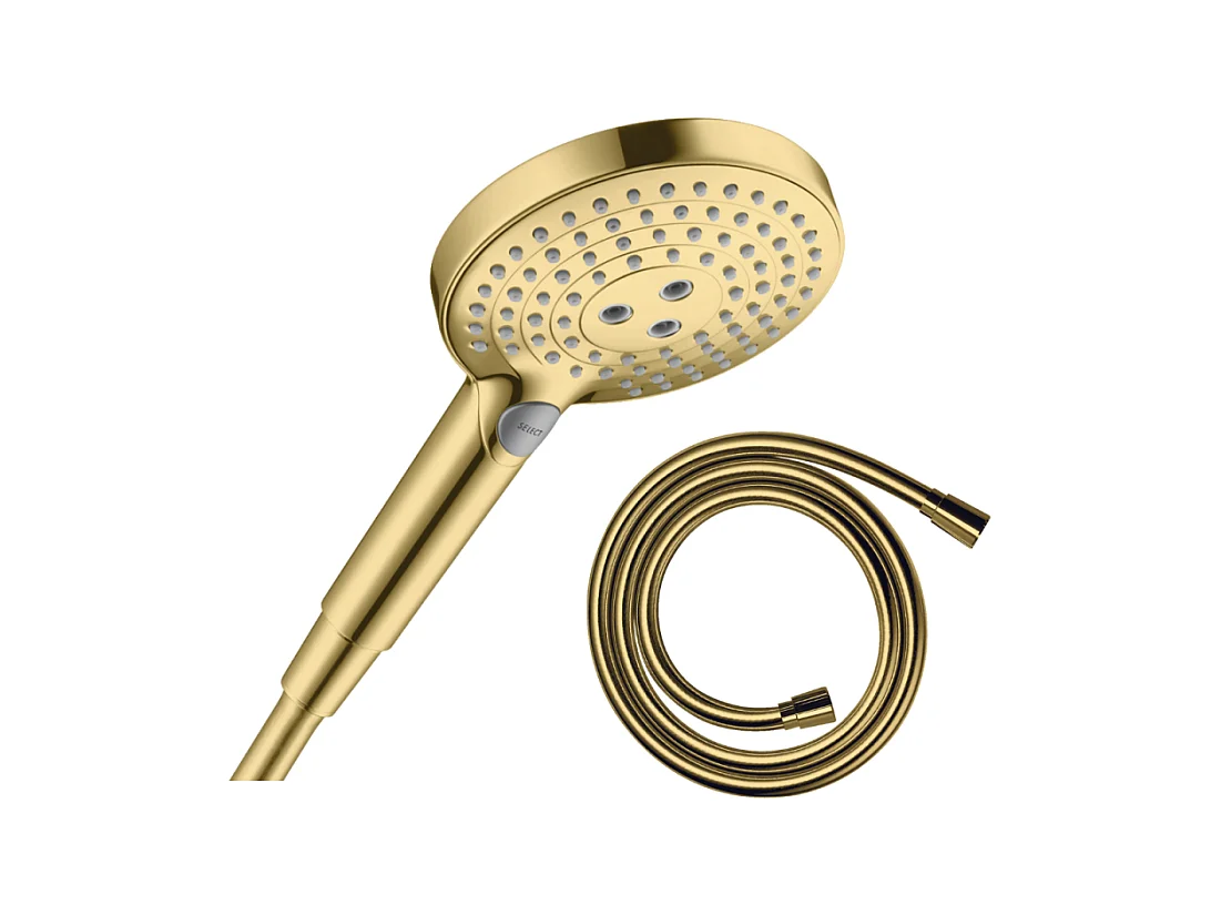Pommeau de douche HANSGROHE Raindance Select S EcoSmart 120 3 jets + flexible 1,25 m HANSGROHE Isiflex aspect doré poli
