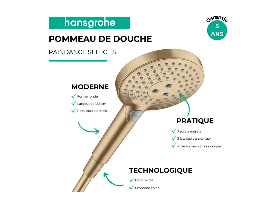 Pommeau de douche HANSGROHE Raindance Select S EcoSmart 120 3 jets + flexible 1,25 m HANSGROHE Isiflex aspect doré poli