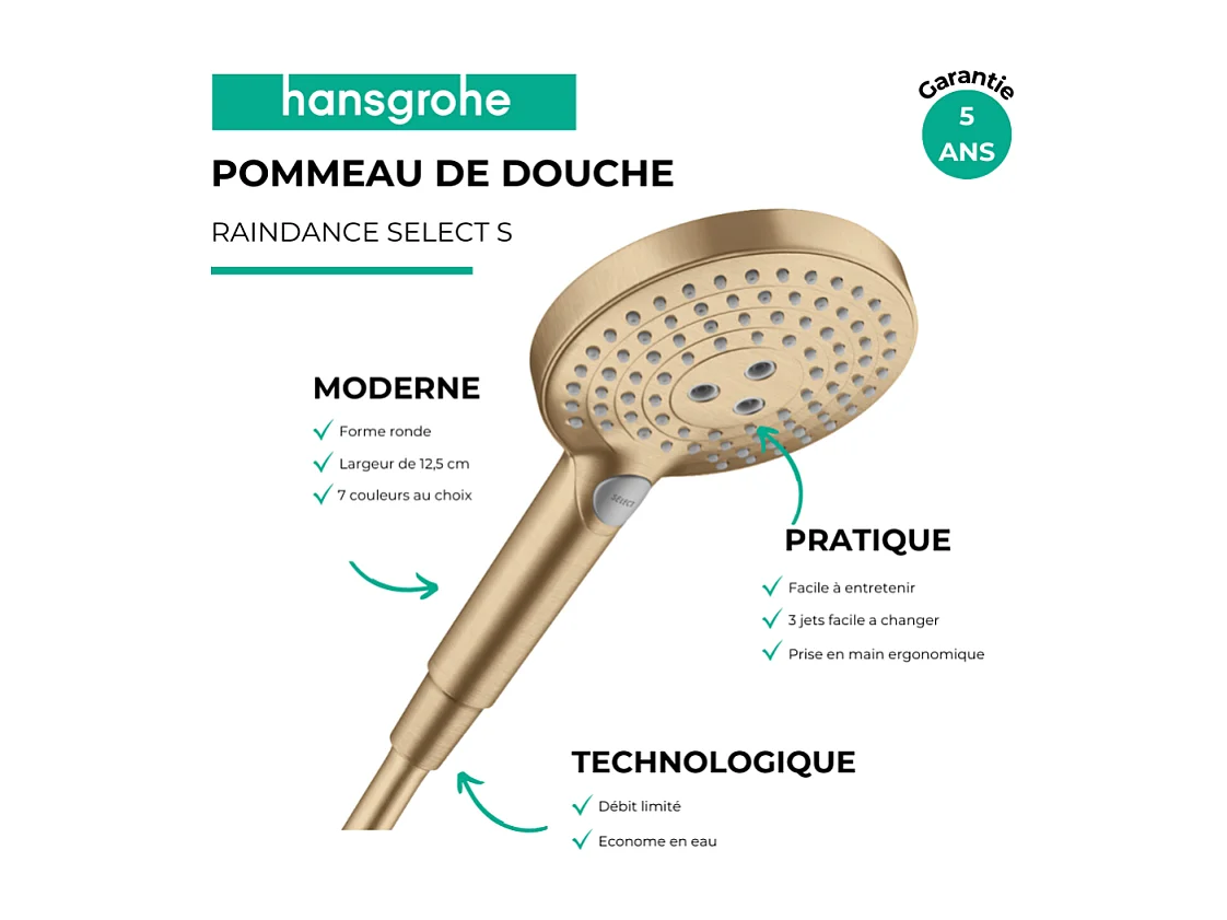 Pommeau de douche HANSGROHE Raindance Select S EcoSmart 120 3 jets + flexible HANSGROHE Designflex 125 cm bronze brossé