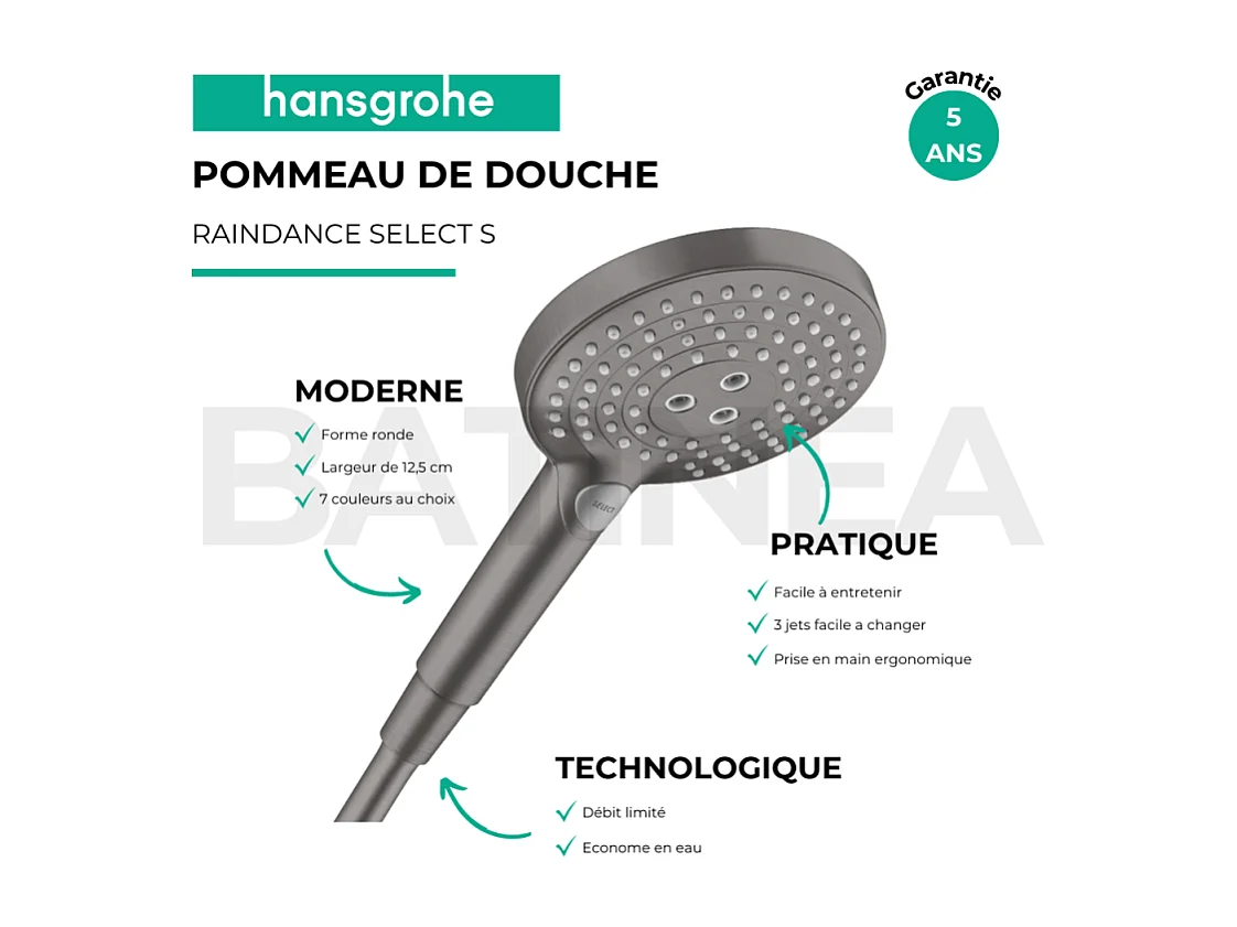 Pommeau de douche HANSGROHE Raindance Select S EcoSmart 120 3 jets + flexible HANSGROHE Isiflex  125 cm Noir chromé brossé