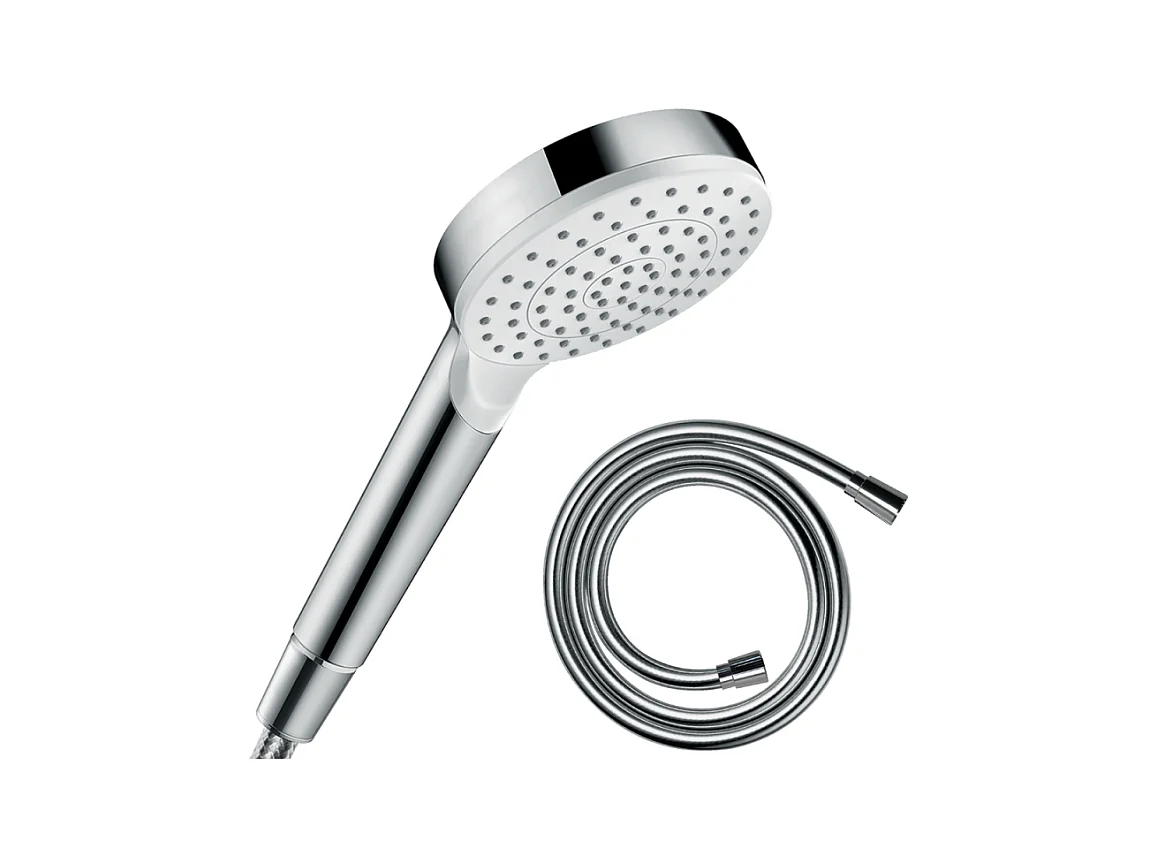Pommeau de douche HANSGROHE Crometta EcoSmart blanc/chromé + flexible de douche 1,60 m HANSGROHE Isiflex chromé