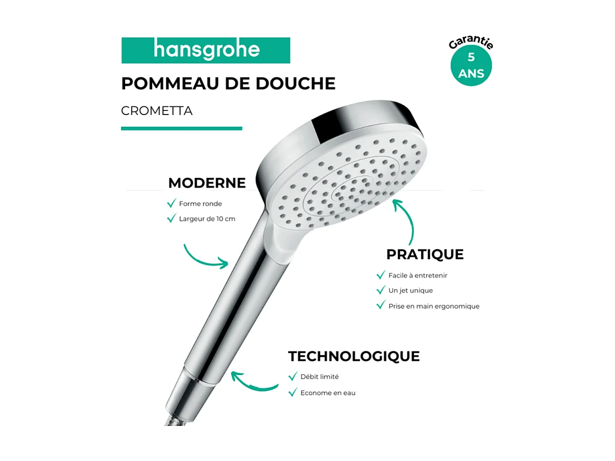 Pommeau de douche HANSGROHE Crometta EcoSmart blanc/chromé + flexible de douche 1,60 m HANSGROHE Isiflex chromé
