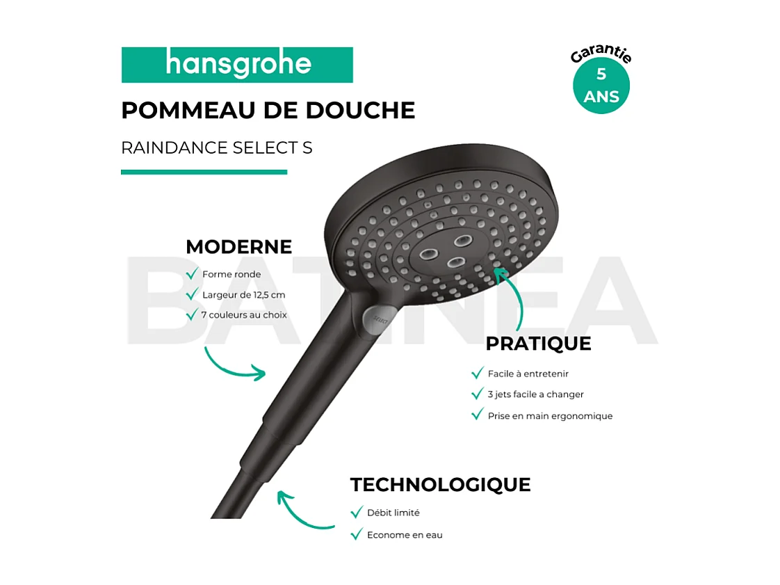 Pommeau de douche HANSGROHE Raindance Select S EcoSmart 120 3 jets + flexible HANSGROHE Designflex 160 cm noir mat