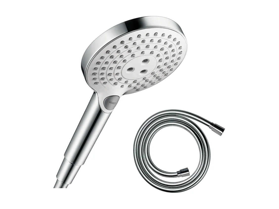 Pommeau de douche HANSGROHE Raindance Select S EcoSmart 120 3 jets blanc/chromé + flexible 1,60 m HANSGROHE Isiflex chromé