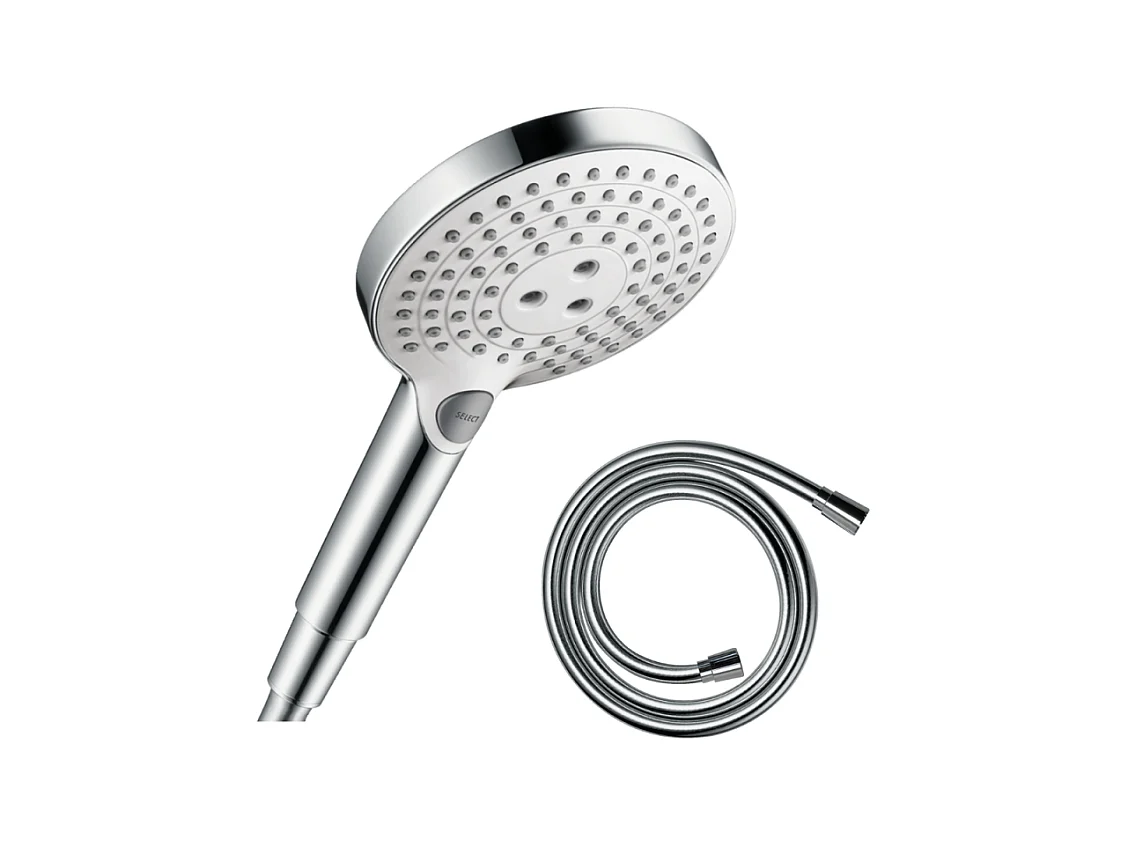 Pommeau de douche HANSGROHE Raindance Select S EcoSmart 120 3 jets blanc/chromé + flexible 1,60 m HANSGROHE Isiflex chromé