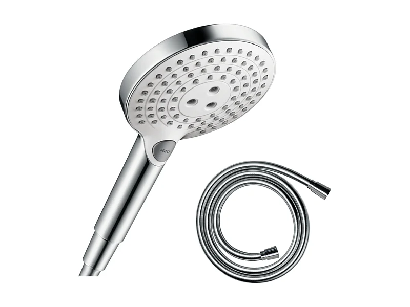 Pommeau de douche HANSGROHE Raindance Select S EcoSmart 120 3 jets blanc/chromé + flexible 1,60 m HANSGROHE Isiflex chromé