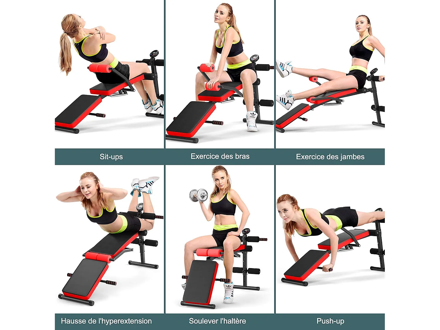 Banc de Musculation Pliable Abdos et Sit-up avec 5 Rouleaux de Mousse Charge 200KG pour Maison,Salle de Sport et Bureau, Rouge