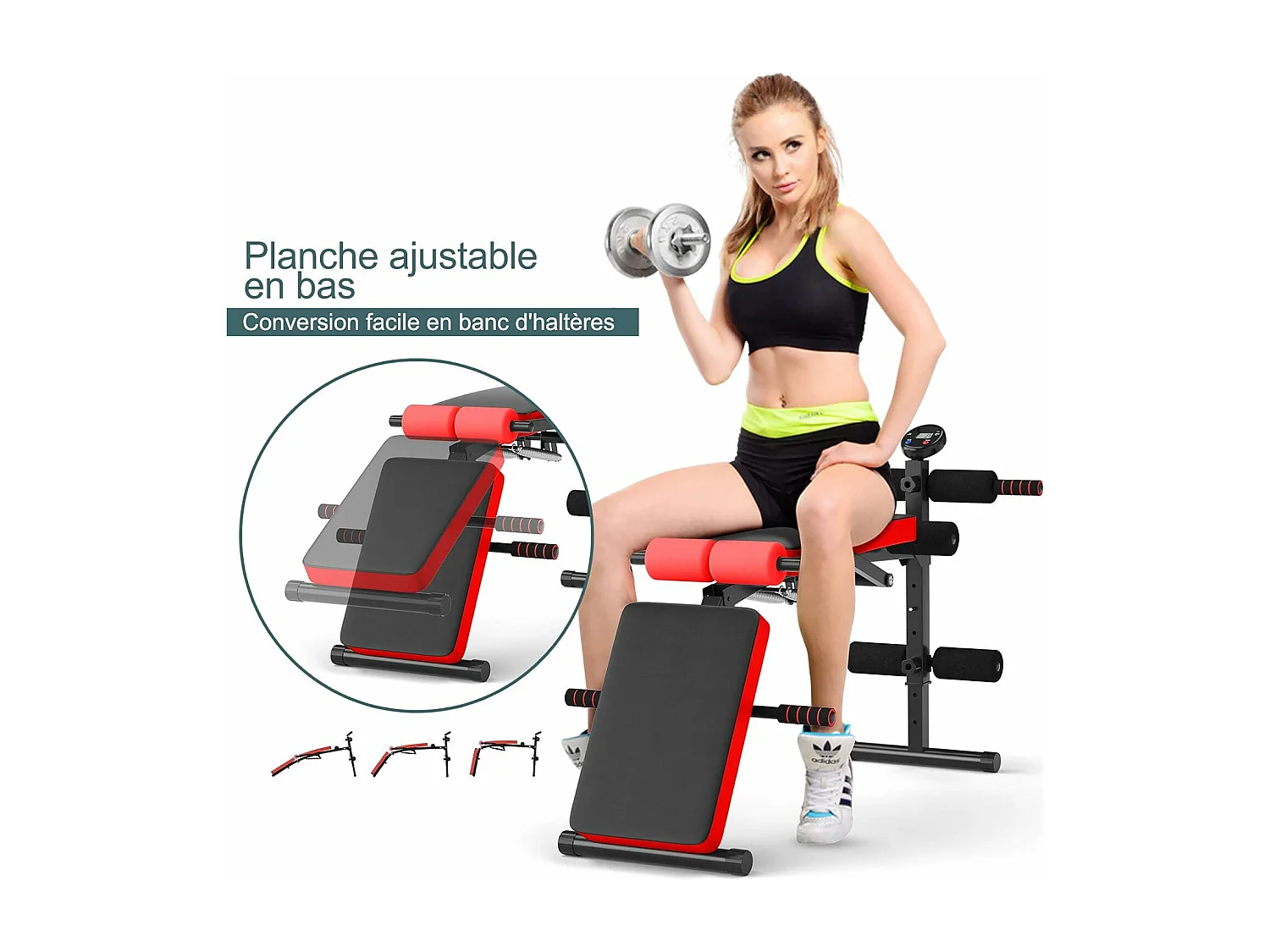Banc de Musculation Pliable Abdos et Sit-up avec 5 Rouleaux de Mousse Charge 200KG pour Maison,Salle de Sport et Bureau, Rouge