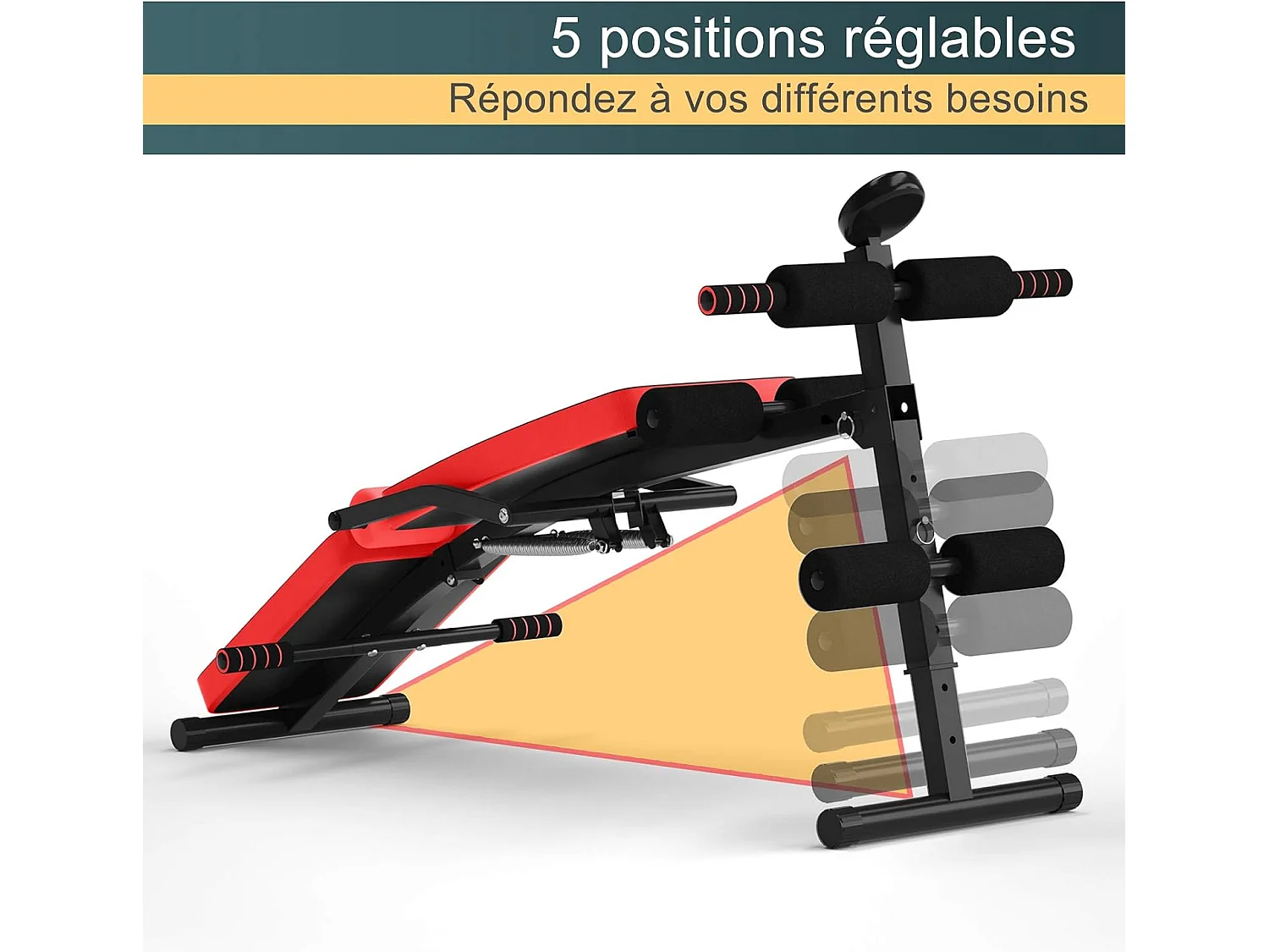 Banc de Musculation Pliable Abdos et Sit-up avec 5 Rouleaux de Mousse Charge 200KG pour Maison,Salle de Sport et Bureau, Rouge