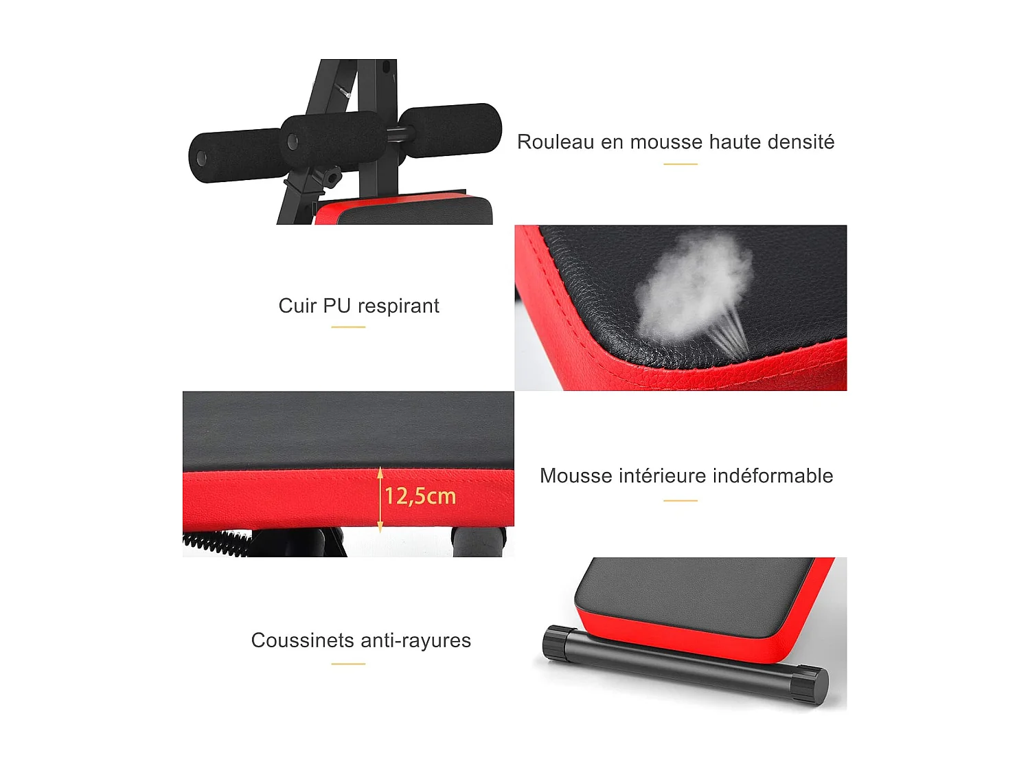 Banc de Musculation Pliable Abdos et Sit-up avec 5 Rouleaux de Mousse Charge 200KG pour Maison,Salle de Sport et Bureau, Rouge