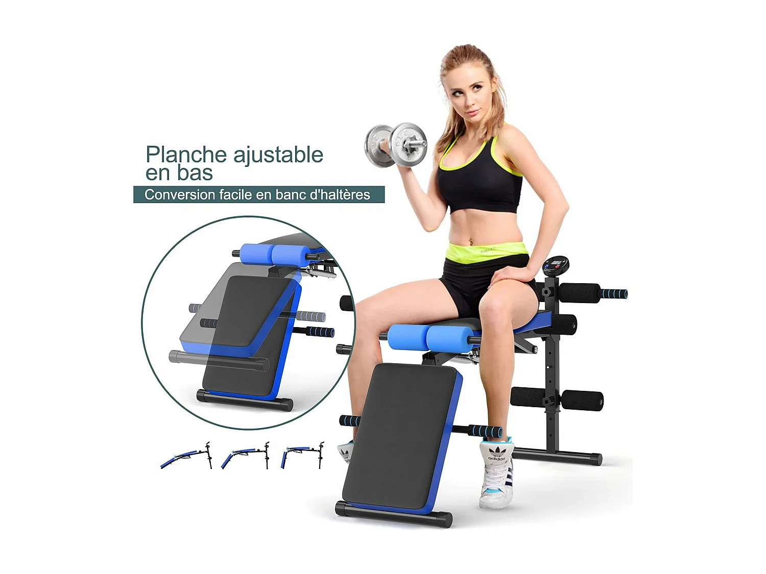 Banc de Musculation Pliable Abdos et Sit-up avec 5 Rouleaux de Mousse Charge 200KG pour Maison,Salle de Sport et Bureau, Bleu