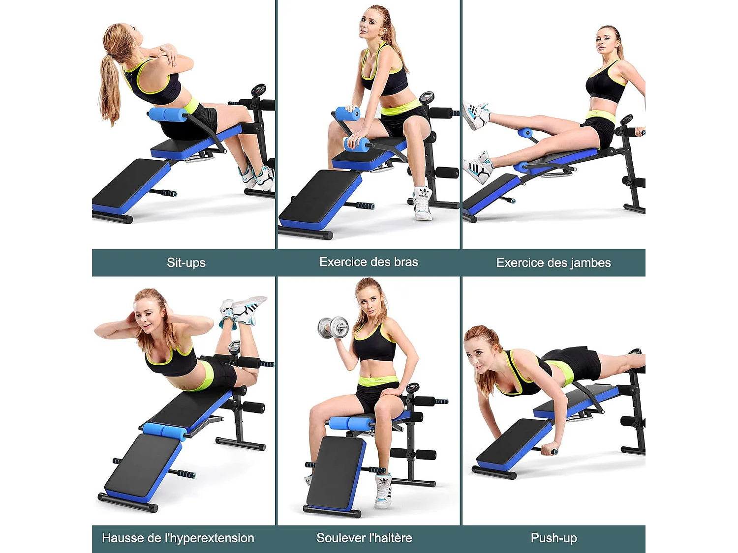 Banc de Musculation Pliable Abdos et Sit-up avec 5 Rouleaux de Mousse Charge 200KG pour Maison,Salle de Sport et Bureau, Bleu