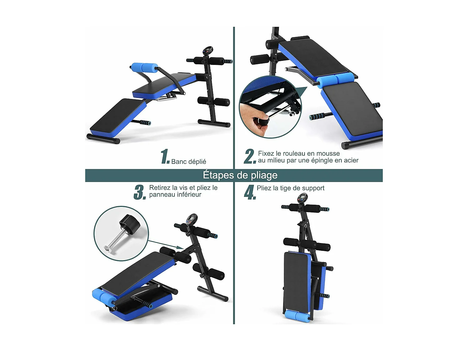 Banc de Musculation Pliable Abdos et Sit-up avec 5 Rouleaux de Mousse Charge 200KG pour Maison,Salle de Sport et Bureau, Bleu