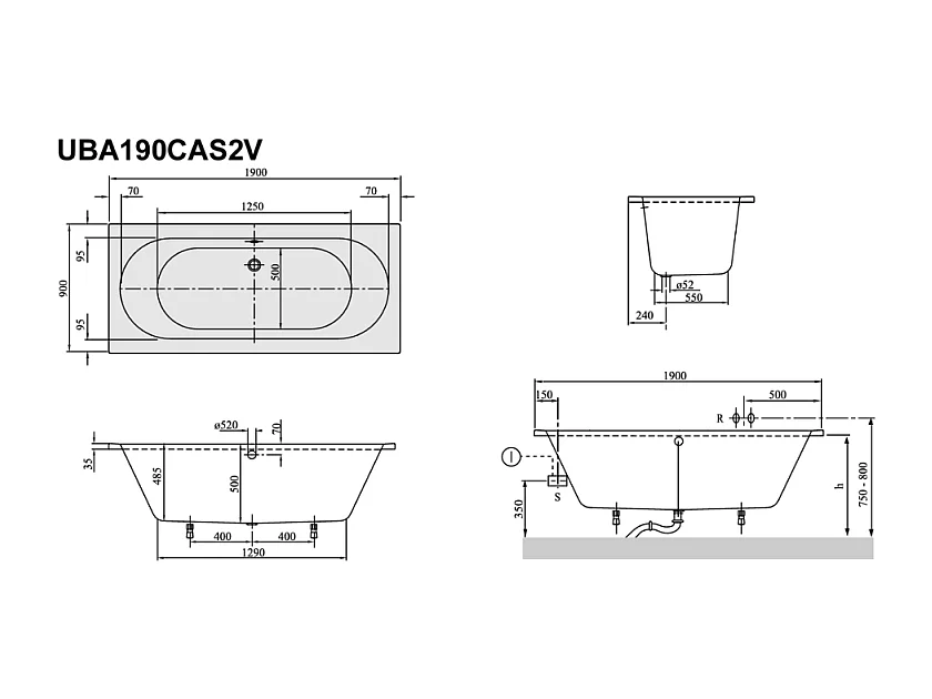 Pack baignoire 190 x 90 VILLEROY ET BOCH O Novo avec pieds et robinet