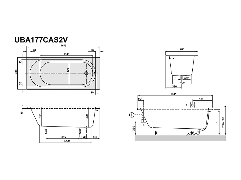 Pack baignoire 170 x 70 VILLEROY ET BOCH O Novo avec pieds et robinet