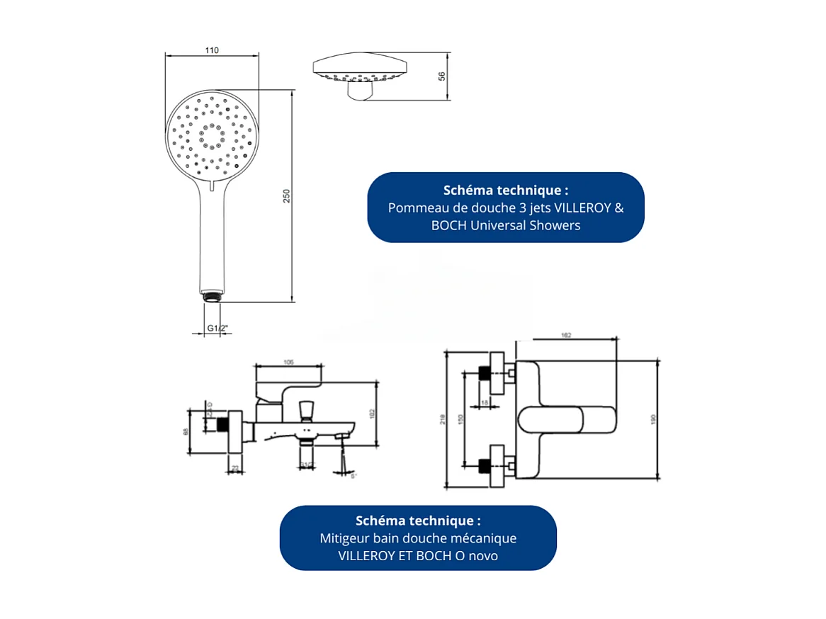 Pack baignoire 170 x 70 VILLEROY ET BOCH O Novo avec pieds et robinet
