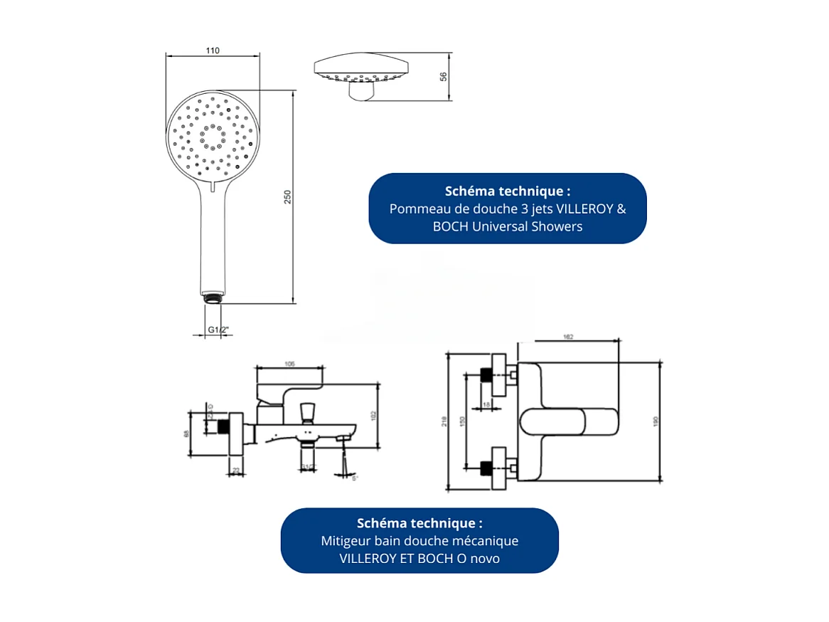 Pack baignoire 170 x 70 VILLEROY ET BOCH O Novo avec pieds et robinet