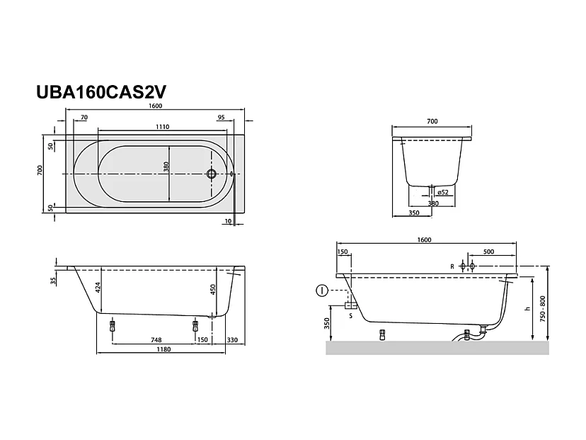 Pack baignoire 160 x 70 VILLEROY ET BOCH O Novo avec pieds et robinet