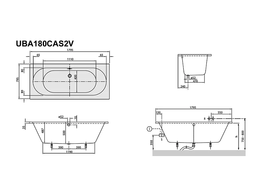 Pack baignoire 180 x 80 VILLEROY ET BOCH O Novo avec pieds et robinet
