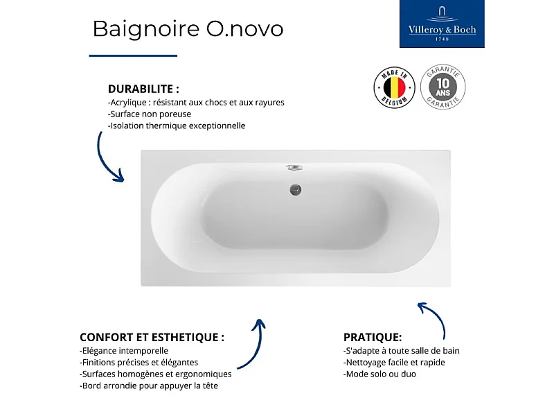 Pack baignoire 170 x 75 VILLEROY ET BOCH O Novo avec pieds et robinet