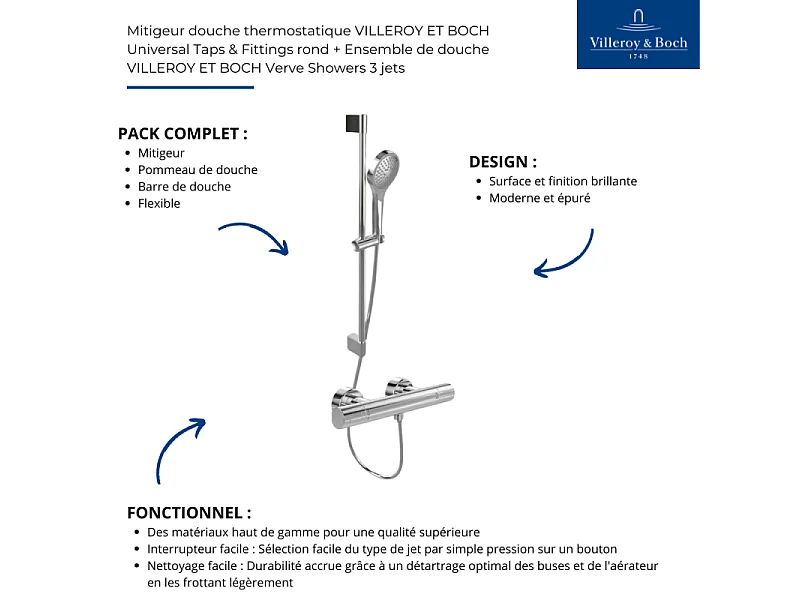Mitigeur douche thermostatique VILLEROY ET BOCH Universal rond + Ensemble de douche Verve Showers 3 jets chromé