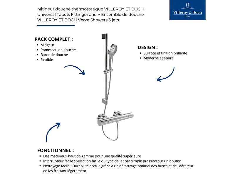 Mitigeur douche thermostatique VILLEROY ET BOCH Universal rond + Ensemble de douche Verve Showers 3 jets chromé