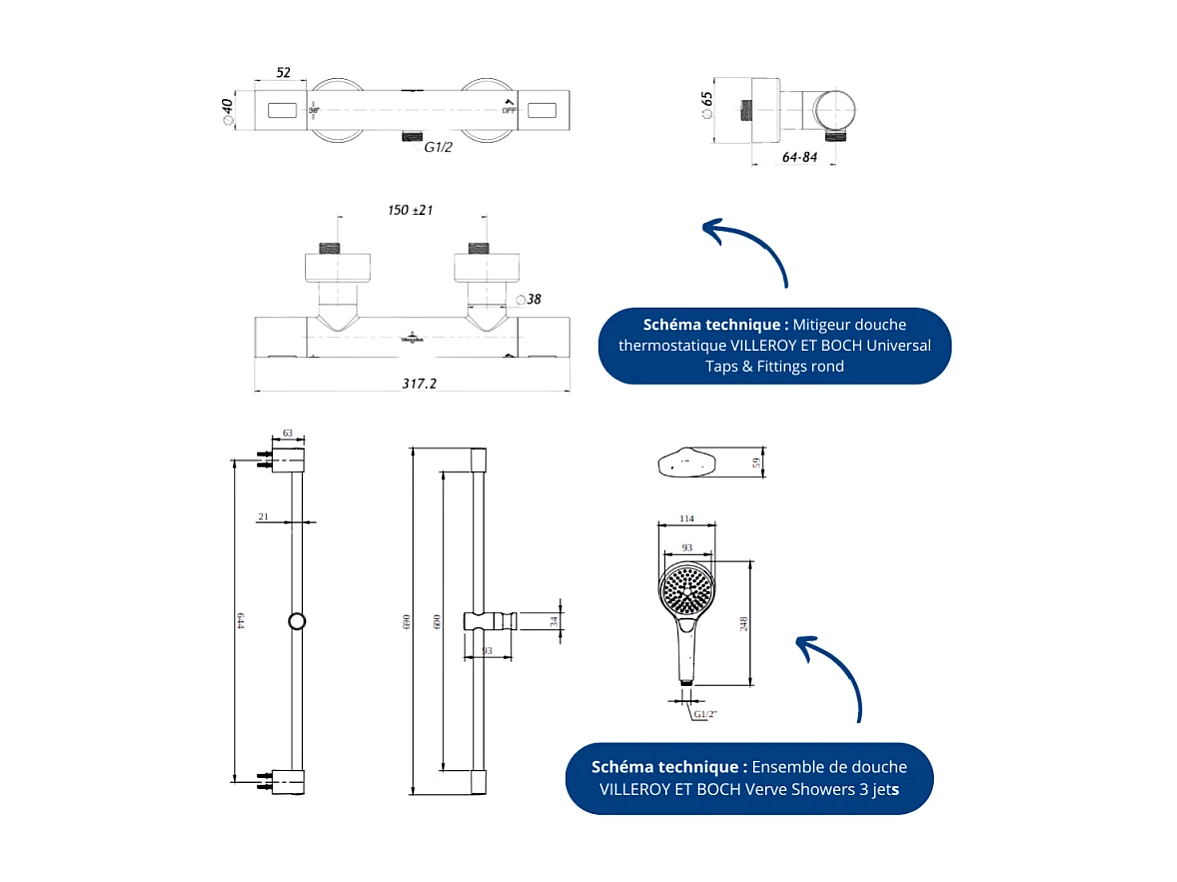 Mitigeur douche thermostatique VILLEROY ET BOCH Universal rond + Ensemble de douche Verve Showers 3 jets chromé