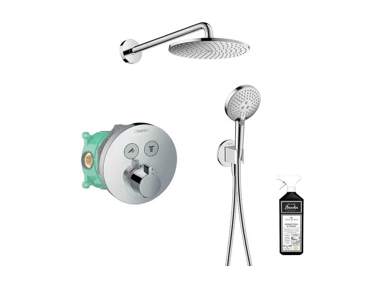 Colonne de douche thermostatique encastrée HANSGROHE ShowerSelect S chromé + nettoyant Briochin