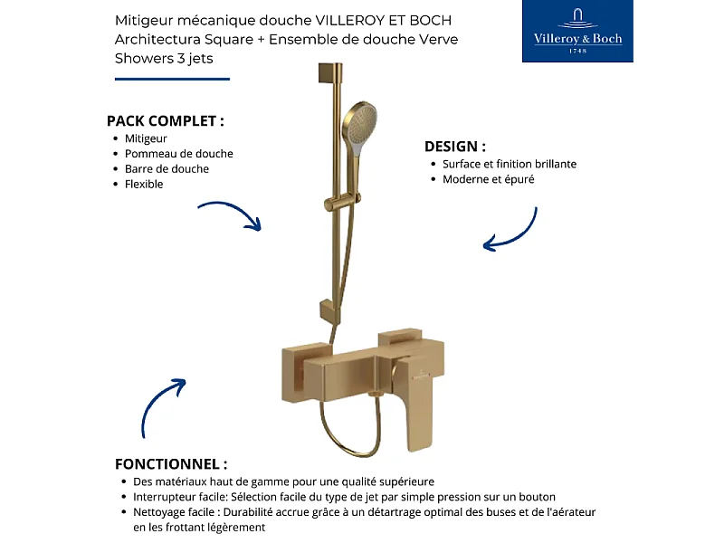 Mitigeur mécanique douche VILLEROY ET BOCH Architectura Square + Ensemble de douche Verve Showers 3 jets Or brossé